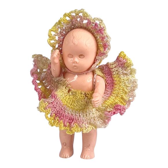 Vintage Miniature Celluloid Plastic DOLL 3" In Crochet Dress & Hat Pink Yellow - Picture 1 of 7